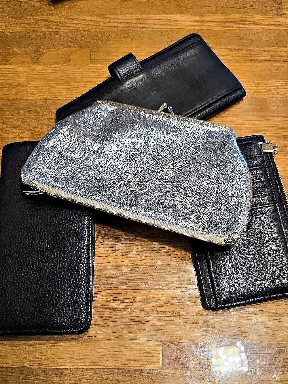 Silver Clutch With 3 Black Wallets